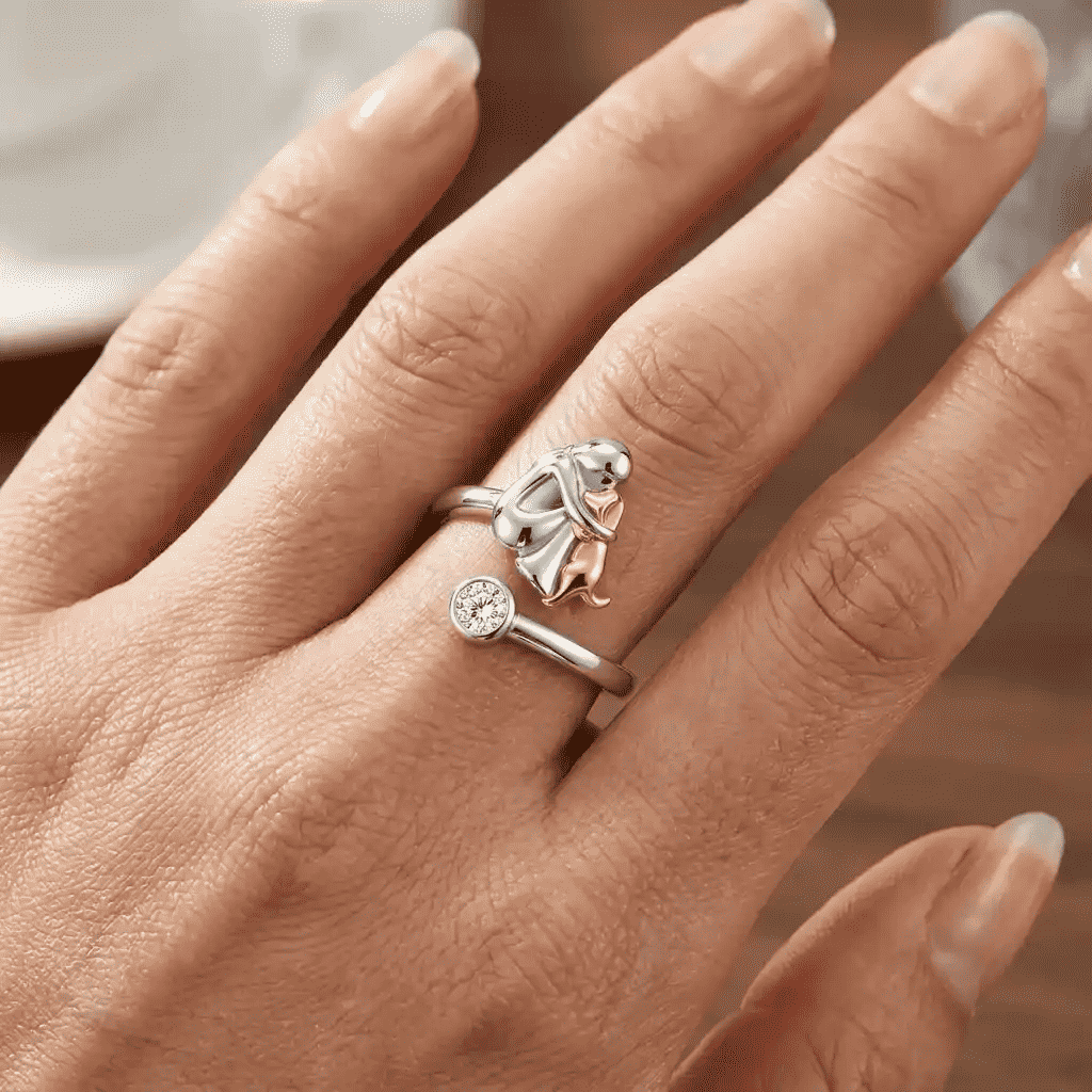 925 Sterling Silver Girl & Dog Adjustable Birthstone Ring