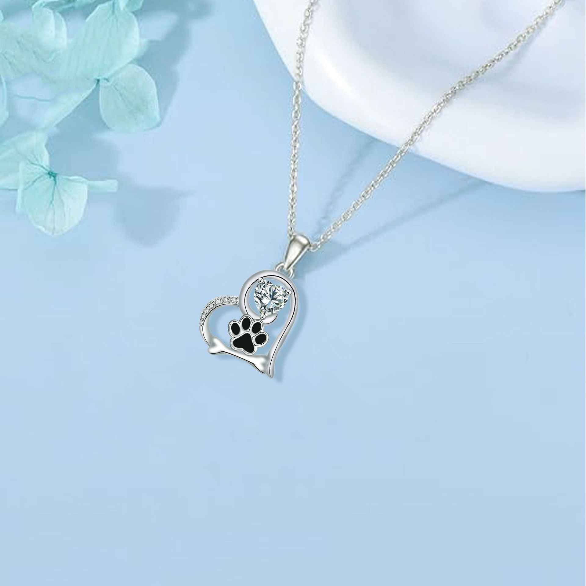 Handcrafted Dog Paw Print and Bone Necklace with Zirconia VIP