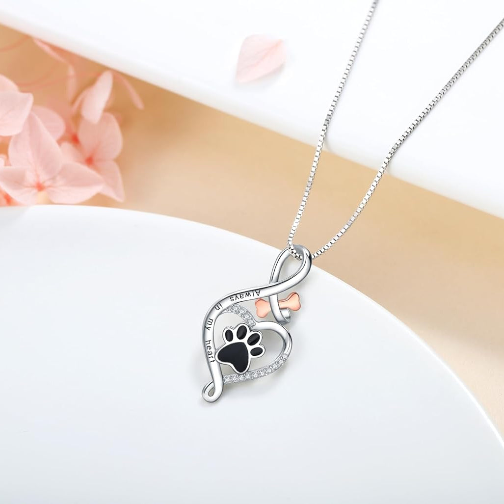 Lucky Paw Necklace with Heart, Bone & Infinity – “Always in My Heart” Pendant