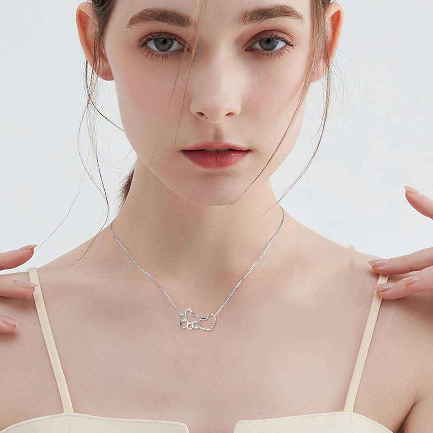 Sterling Silver Paw Print Necklace – Heart Crystal Pendant