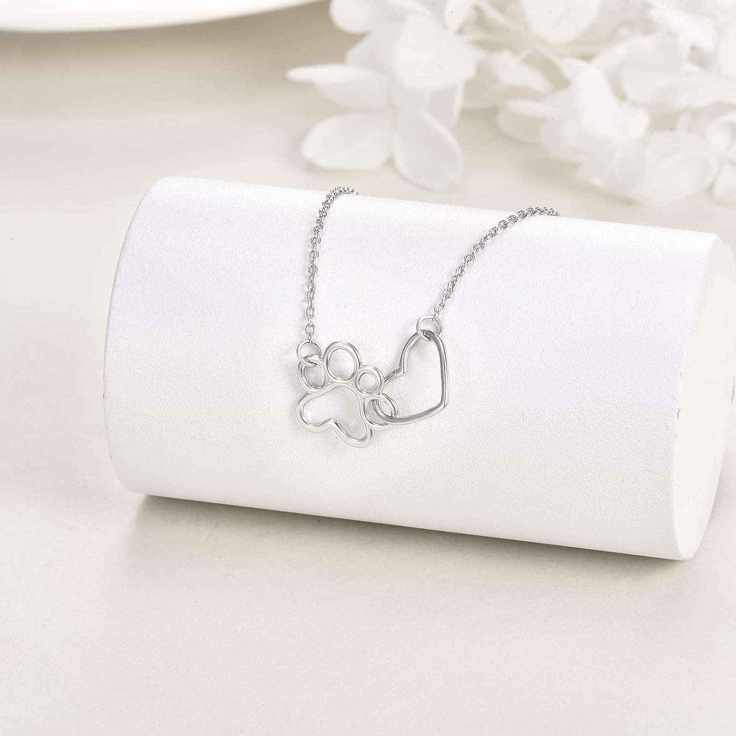 Sterling Silver Paw Print Necklace – Heart Crystal Pendant