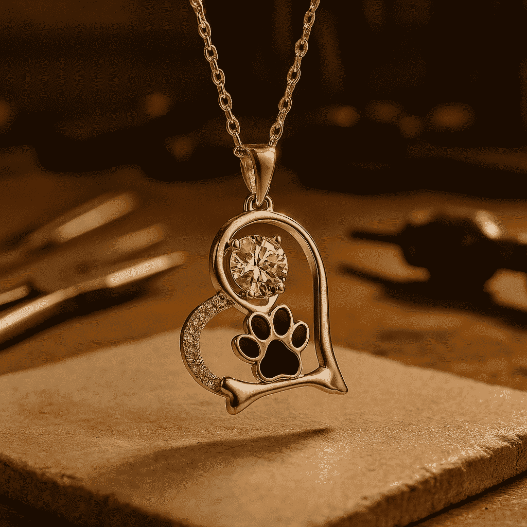 Handcrafted Dog Paw Print and Bone Necklace with Zirconia