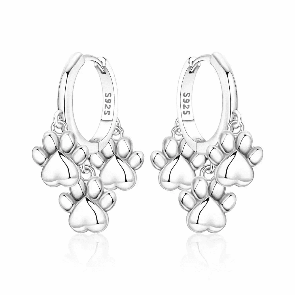 925 Sterling Silver Double Layer Pet Paw Print Drop Earrings