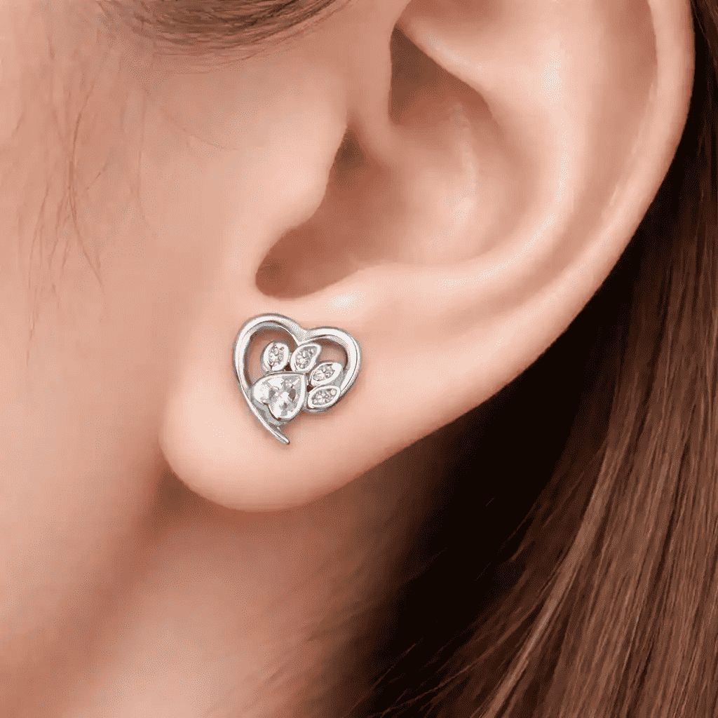 925 Sterling Silver Paw Dog Footprint Heart Stud Earrings