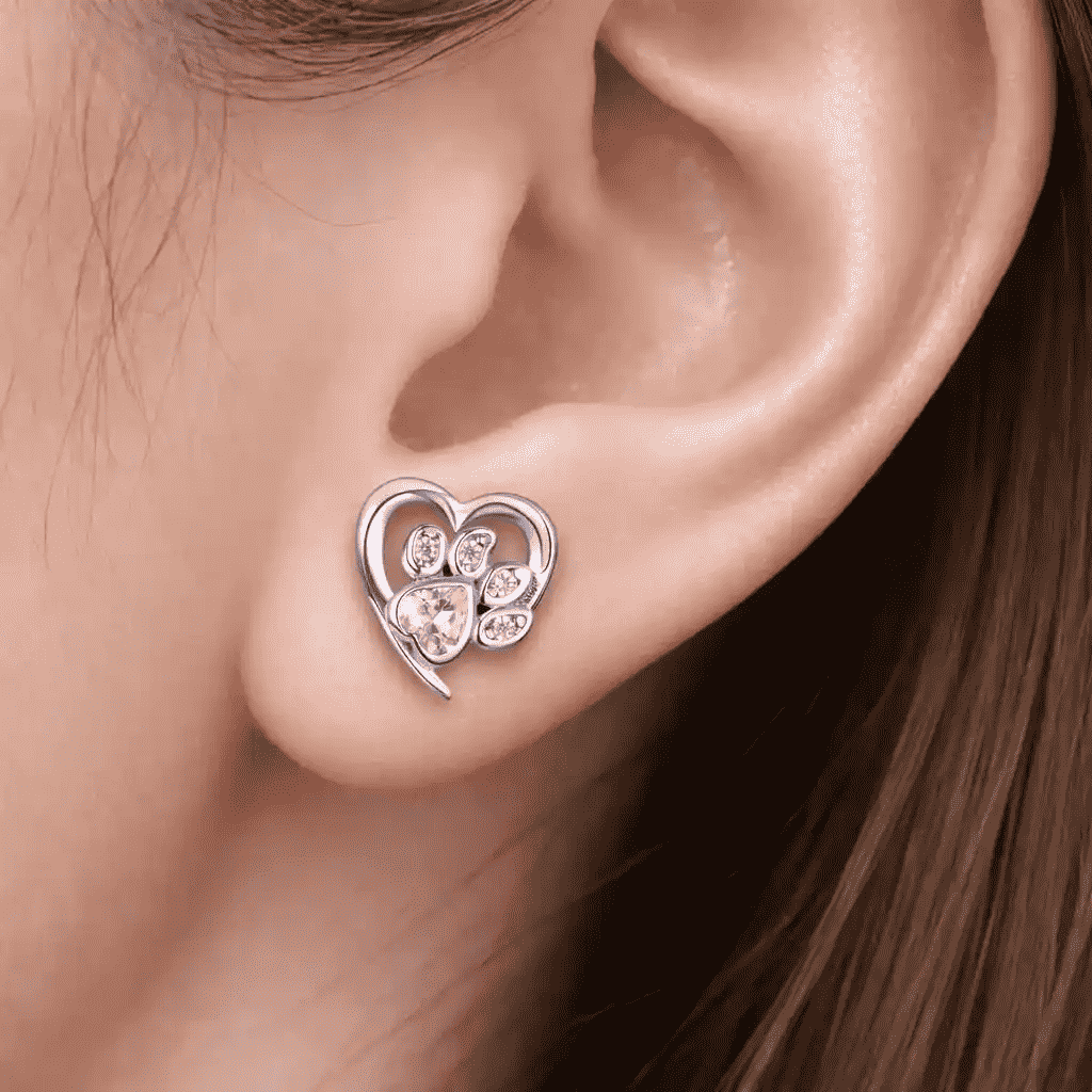925 Sterling Silver Heart & Paw Pink Diamond Earrings