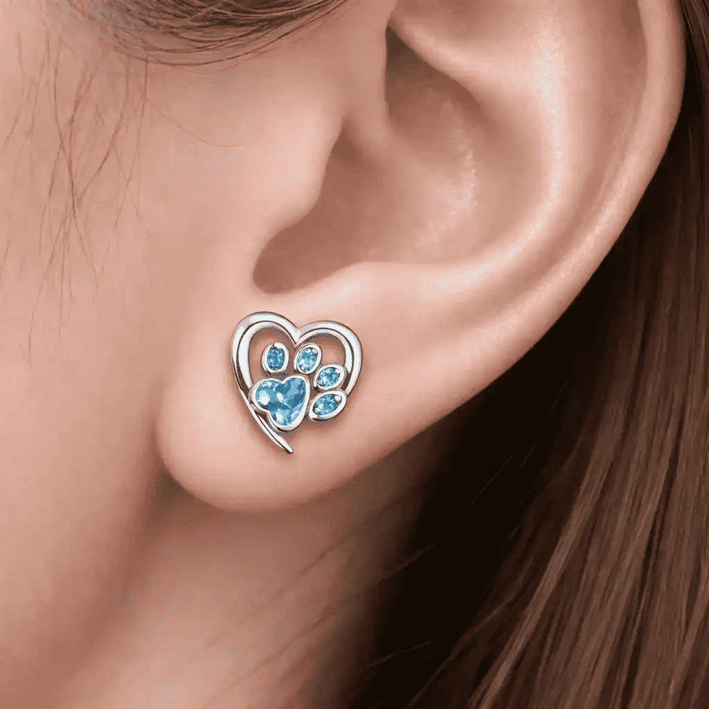 925 Sterling Silver Paw Dog Footprint Heart Stud Earrings