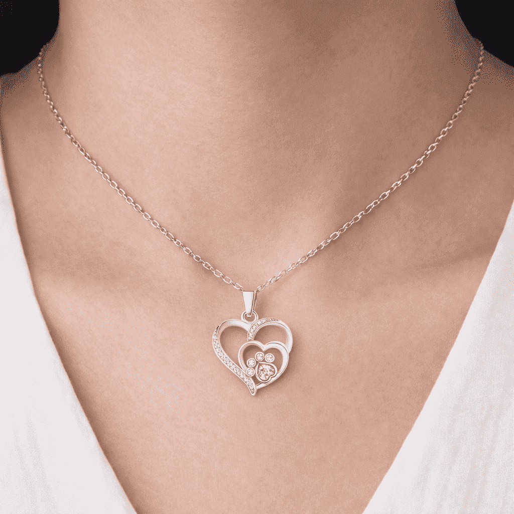 Sterling Silver Paw & Heart Necklace with Zirconia