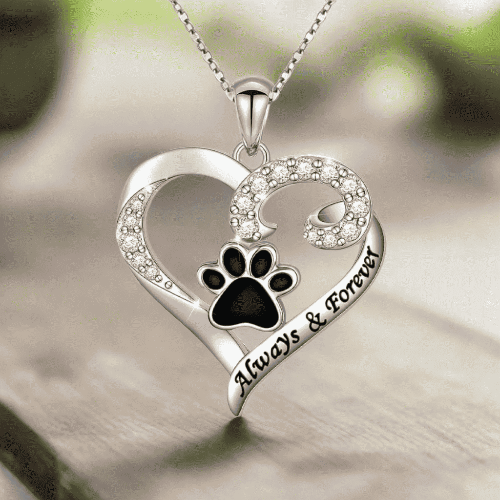 Dog Paw Necklace – Heart Design in Stainless Steel with Zirconia