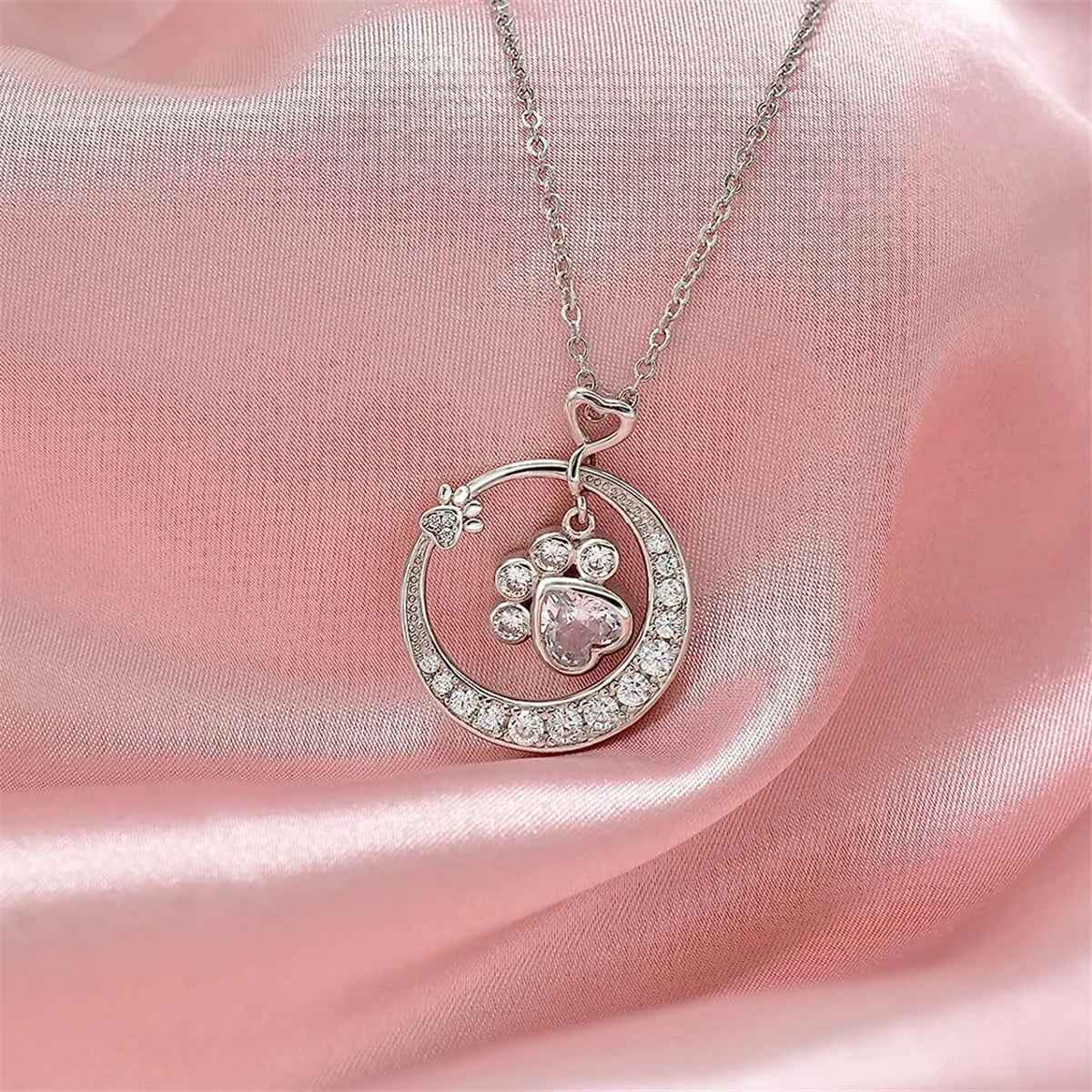 Cute Paw Print Necklace in 925 Sterling Silver with Cubic Zirconia VIP