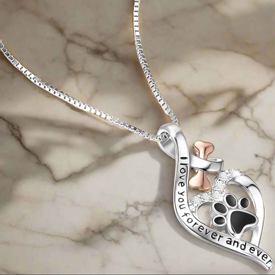 Lucky Paw Necklace with Heart, Bone & Infinity – “Always in My Heart” Pendant VIP