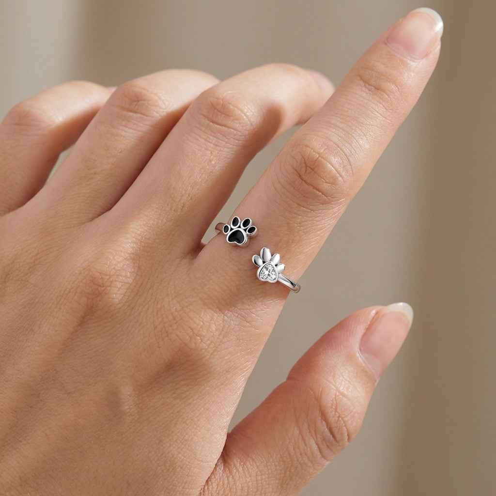 925 Sterling Silver Paw Ring – Adjustable with Zirconia & Enamel