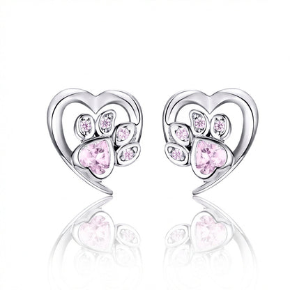 925 Sterling Silver Paw Dog Footprint Heart Stud Earrings