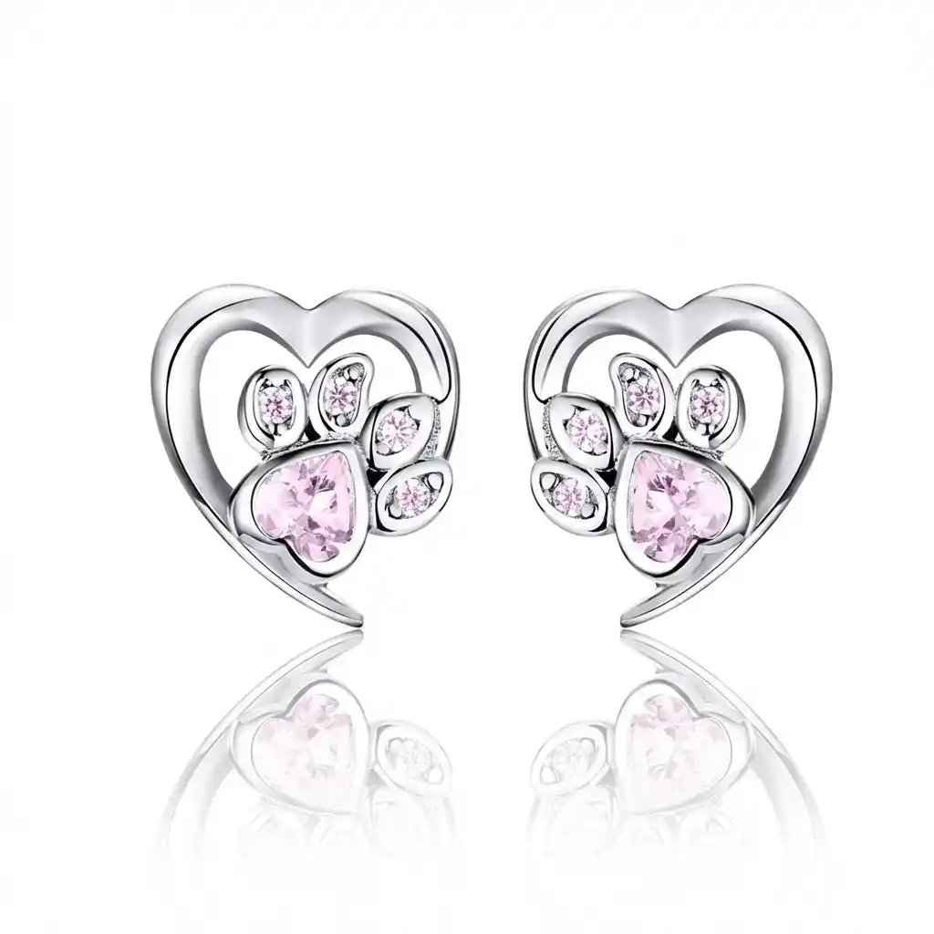 925 Sterling Silver Heart & Paw Pink Diamond Earrings