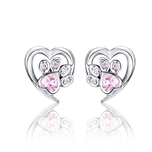 925 Sterling Silver Heart & Paw Pink Diamond Earrings
