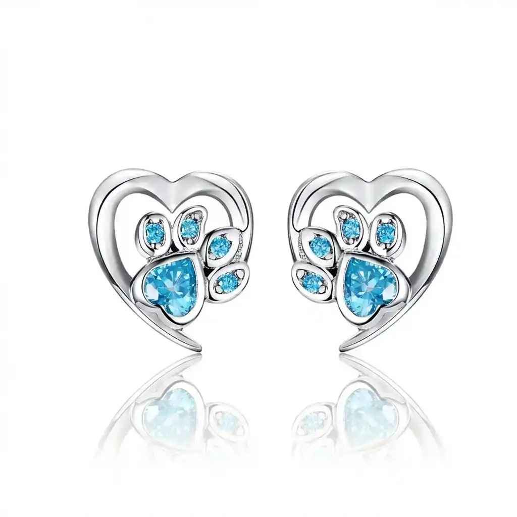 925 Sterling Silver Paw Dog Footprint Heart Stud Earrings