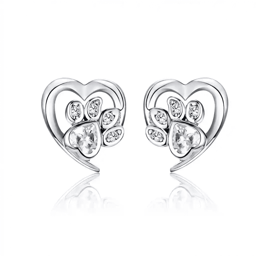 925 Sterling Silver Paw Dog Footprint Heart Stud Earrings