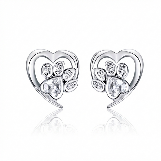 925 Sterling Silver Paw Dog Footprint Heart Stud Earrings