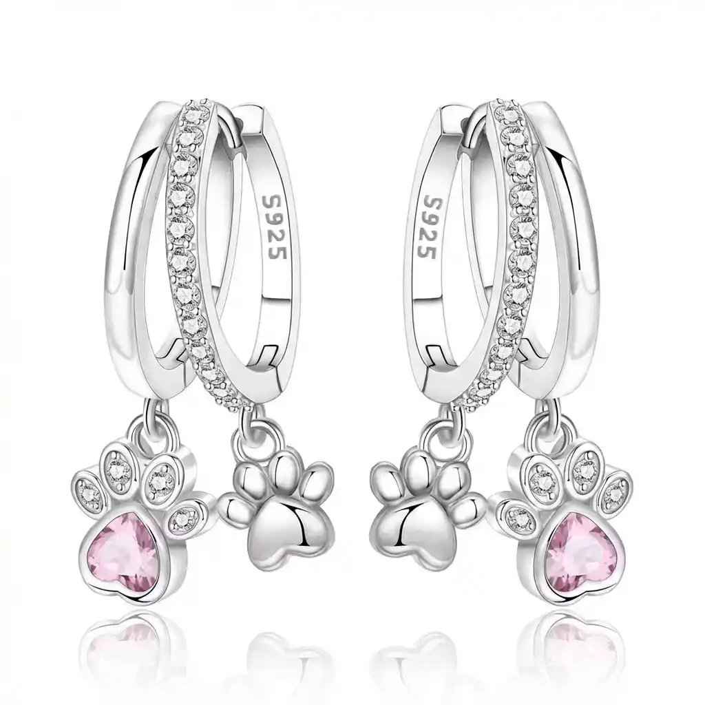 925 Sterling Silver Double Layer Pet Paw Print Drop Earrings