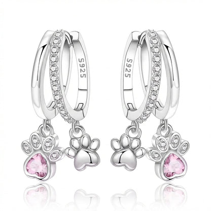 925 Sterling Silver Double Layer Pet Paw Print Drop Earrings