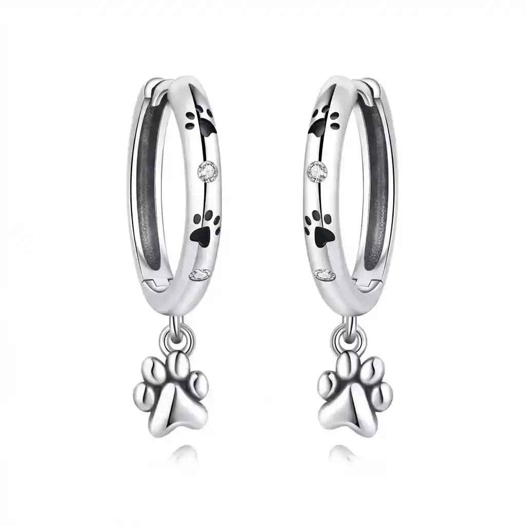925 Sterling Silver Double Layer Pet Paw Print Drop Earrings