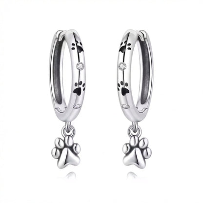 925 Sterling Silver Double Layer Pet Paw Print Drop Earrings