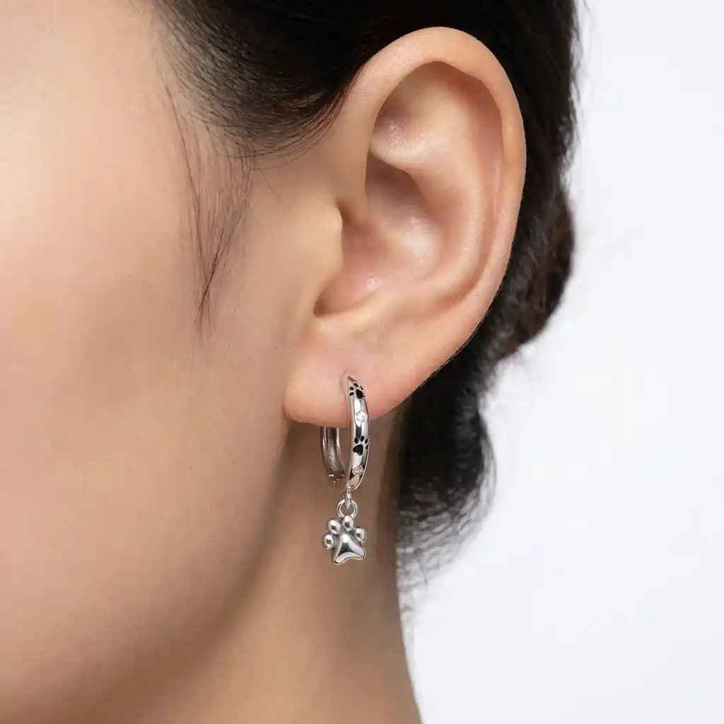925 Sterling Silver Double Layer Pet Paw Print Drop Earrings