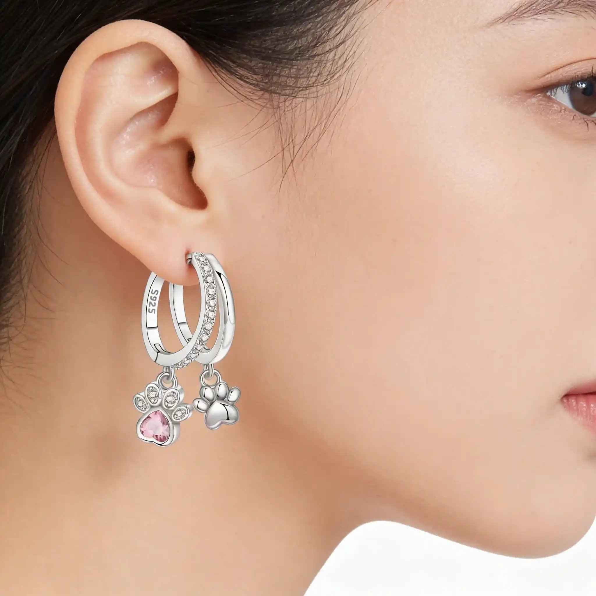 925 Sterling Silver Double Layer Pet Paw Print Drop Earrings