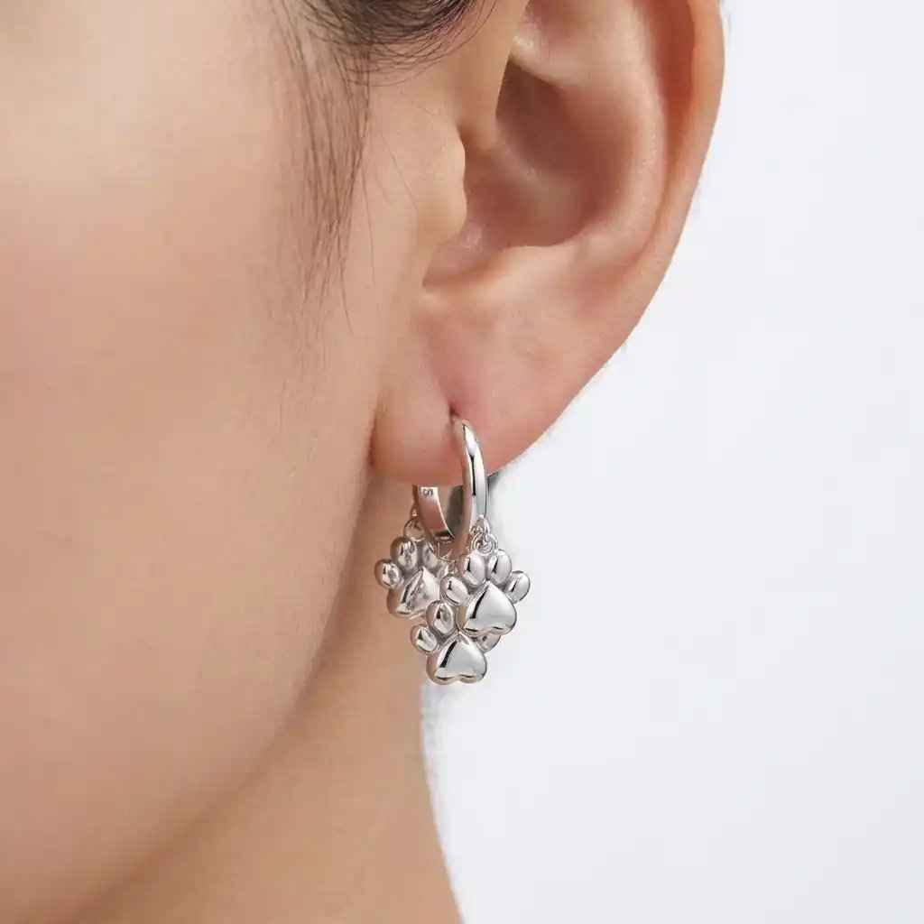 925 Sterling Silver Double Layer Pet Paw Print Drop Earrings